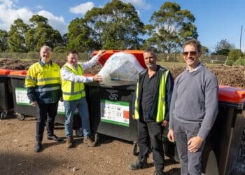 Adrien Scott (Solo Resource Recovery), Acting Mayor Paul Pingiaro, Jim Selby (Solo Resource Recovery) and Maarten de Beurs at the Mornington Resource Recovery Centre. Image: Mornington Peninsula Shire