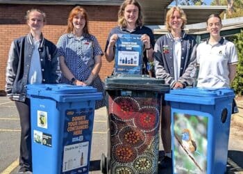 Lilydale Heights College Sustainability Club members from left to right: Gracie, Anastasia, James, Ella and Clover. Image: Sustainability Victoria.