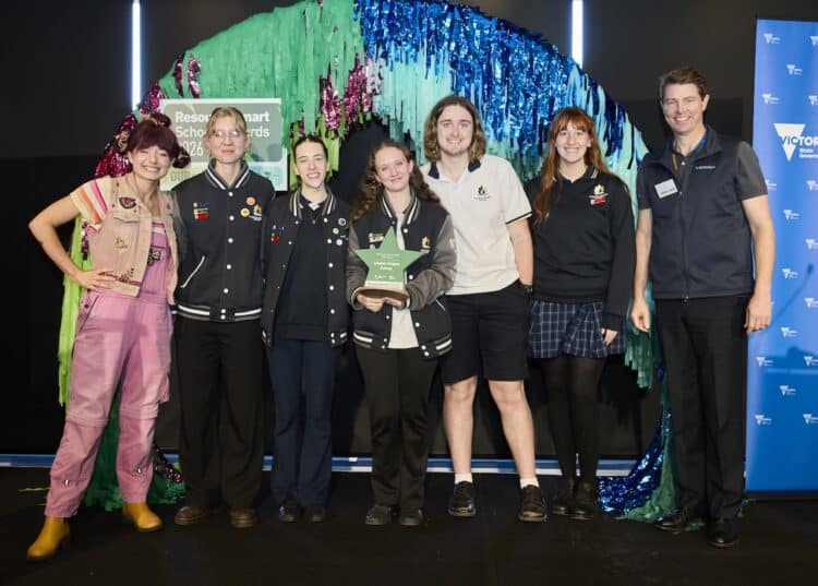 Dirt Girl (the host), Ella, Clover, Anastasia, James, Gracie with Matt Davis, CEO of VicReturn. Image: Sustainability Victoria